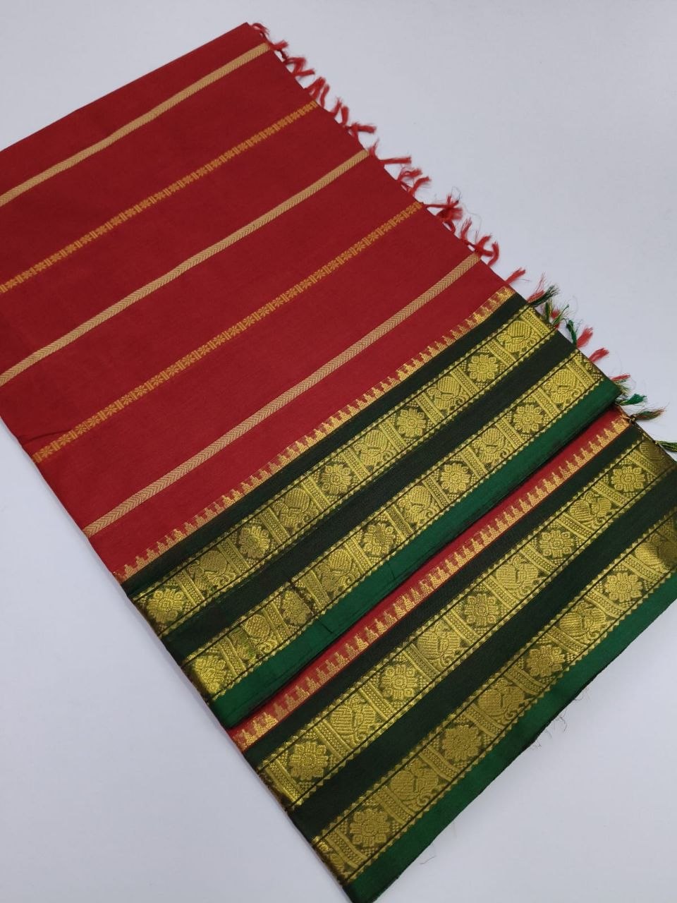 Cherry Red Kanchi Cotton Saree with Zari Border